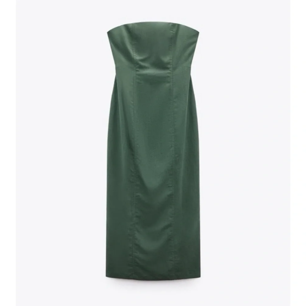 Zara green tube strapless midi linen blend dress